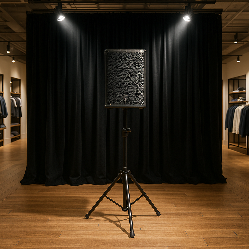 High-powered PA system setup in store