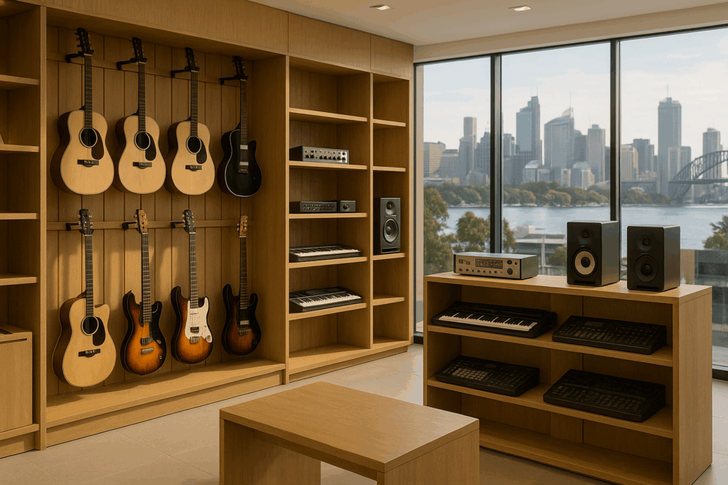 Interior of a premium music shop in Sydney featuring guitars, keyboards, and audio equipment with a city view