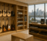 Interior of a premium music shop in Sydney featuring guitars, keyboards, and audio equipment with a city view