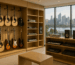 Interior of a premium music shop in Sydney featuring guitars, keyboards, and audio equipment with a city view