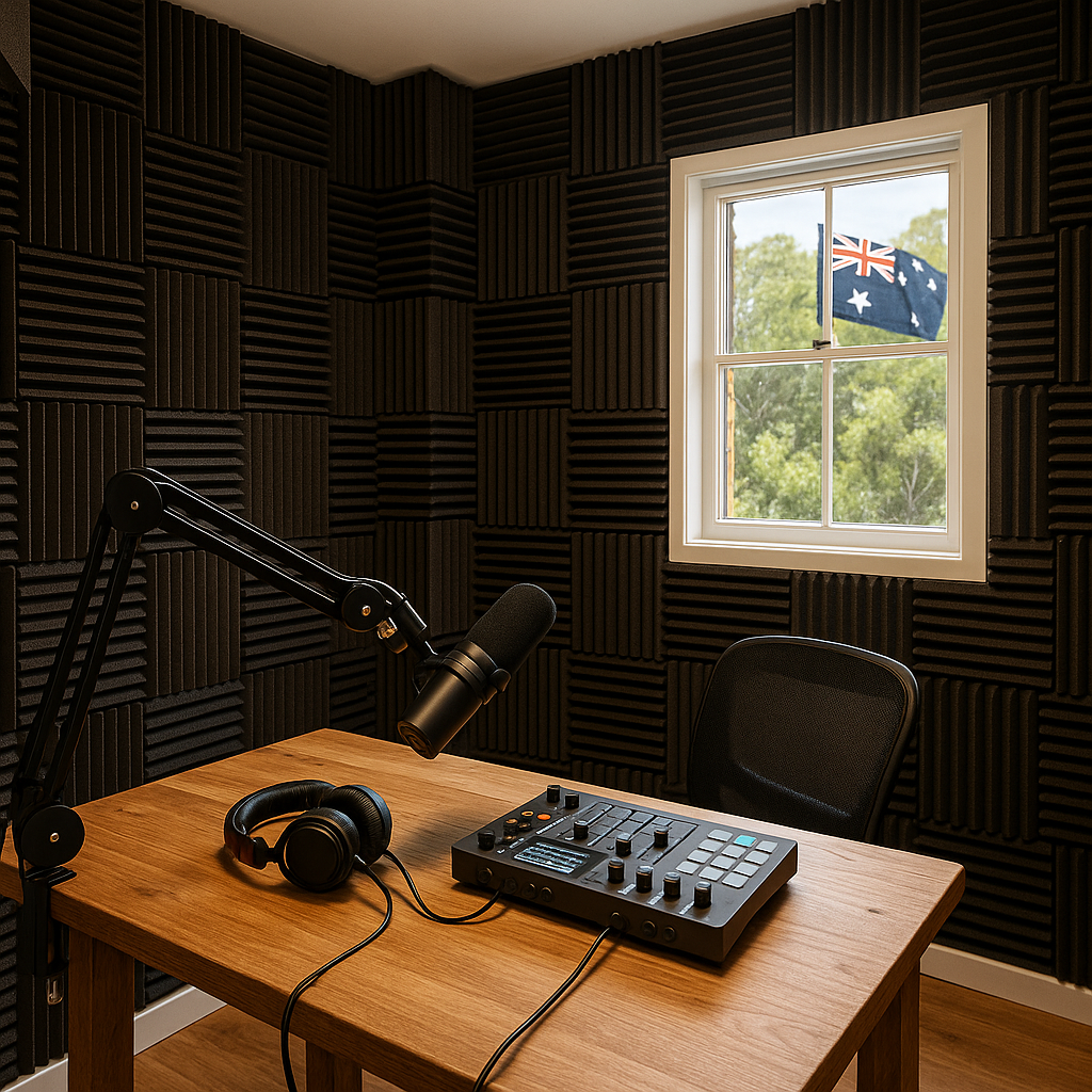 Acoustic treatment in home podcast studio.