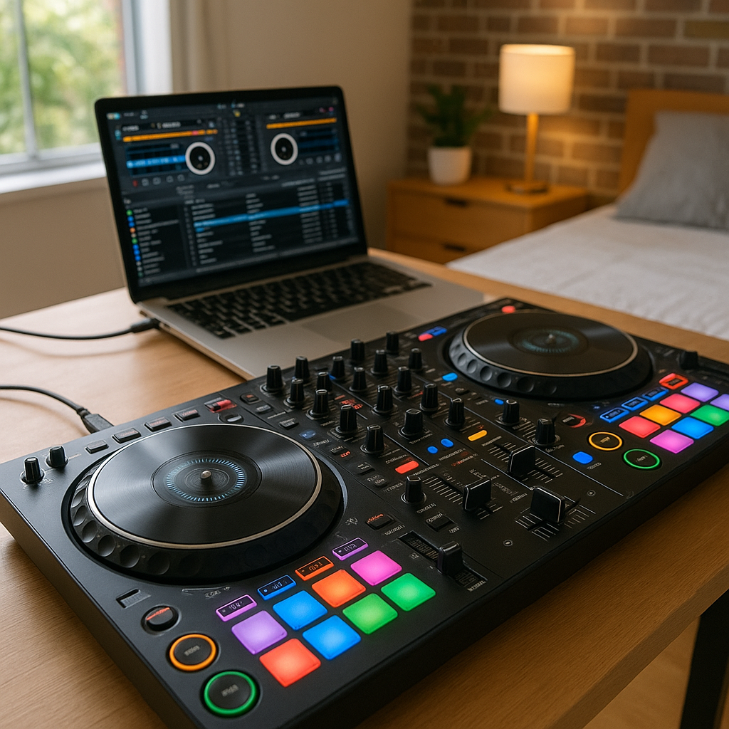 DJ controller on desk in Australian bedroom studio setup