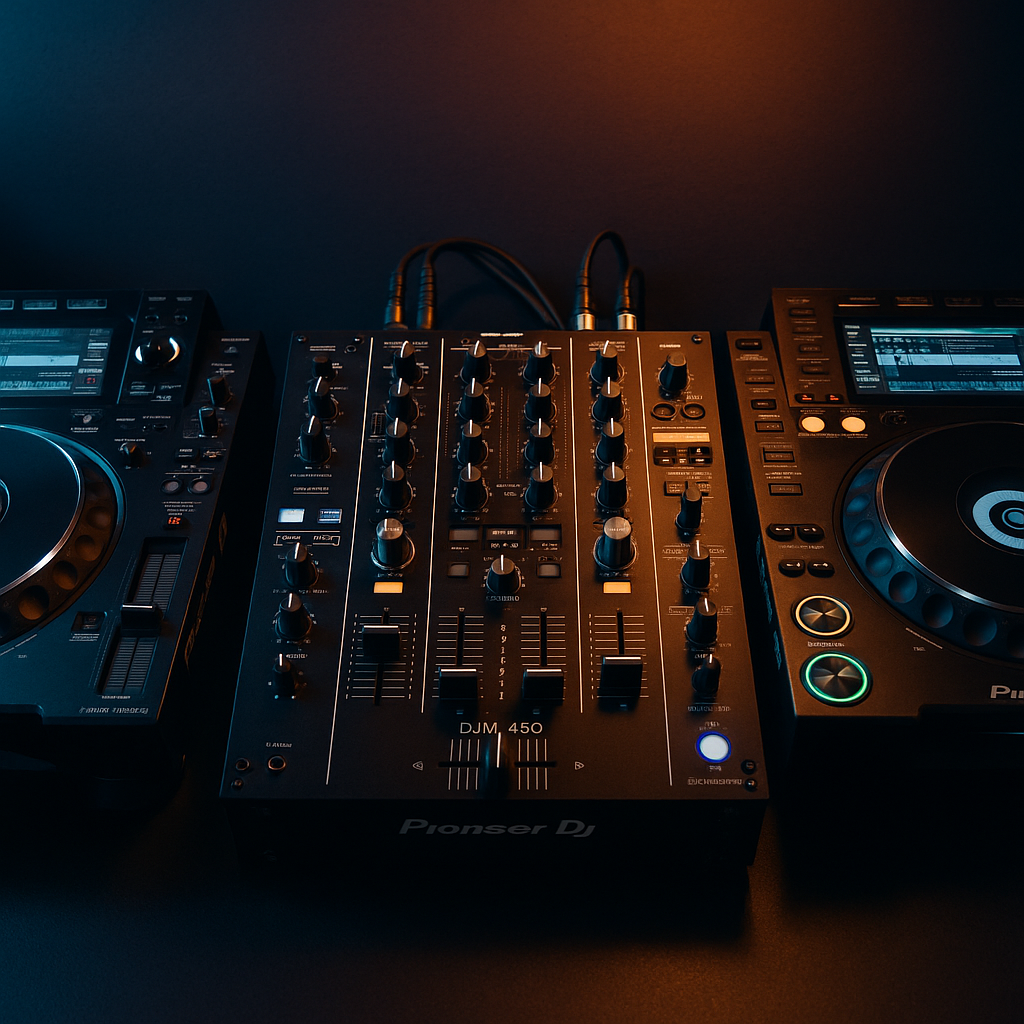 DJ mixer setup with turntables in an Australian studio.