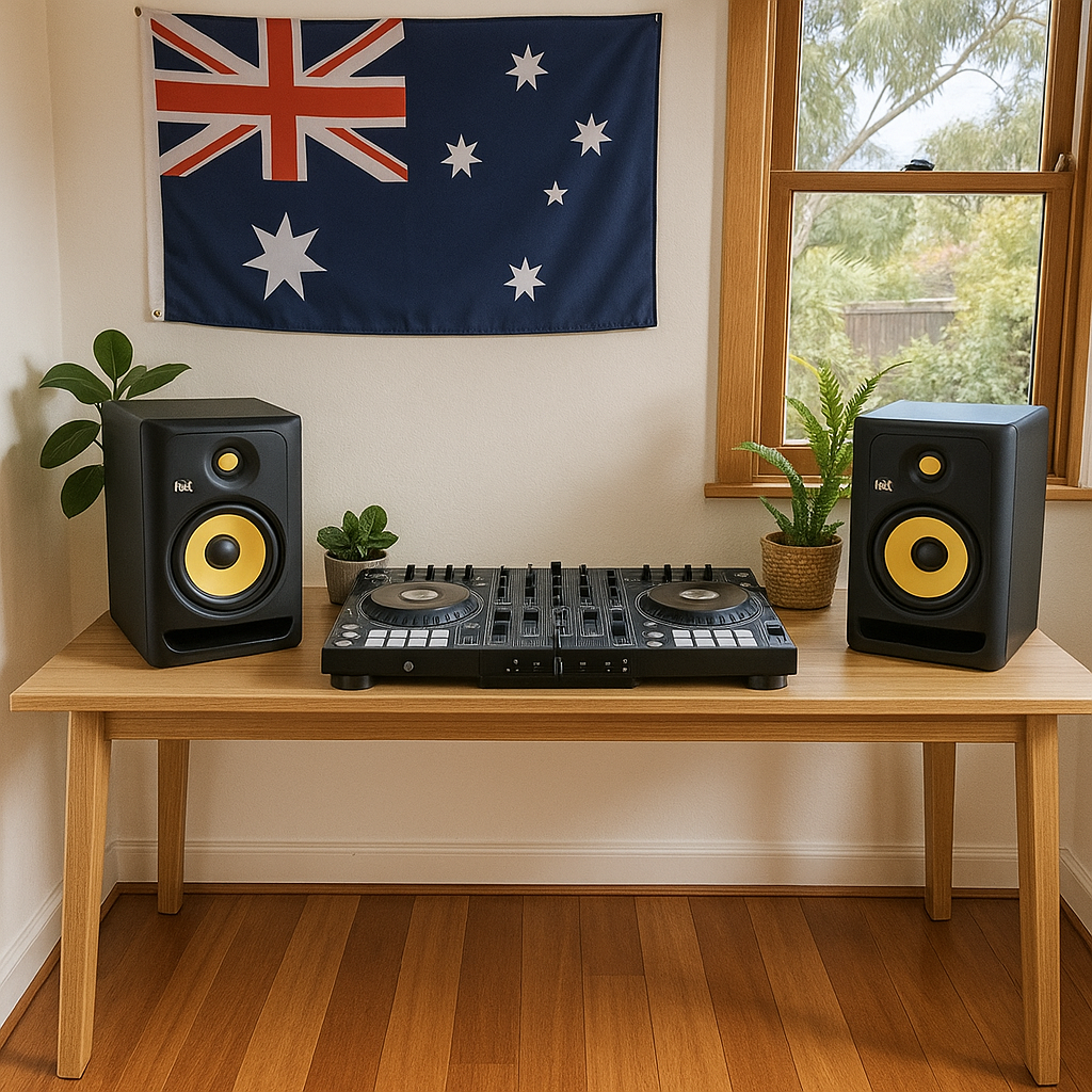 tudio monitors for DJing in Australian home setup.