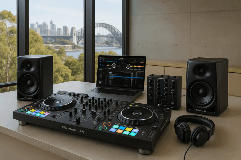 Full DJ gear setup in Australia with controller, mixer, headphones, speakers, and DJ software in a modern indoor environment.