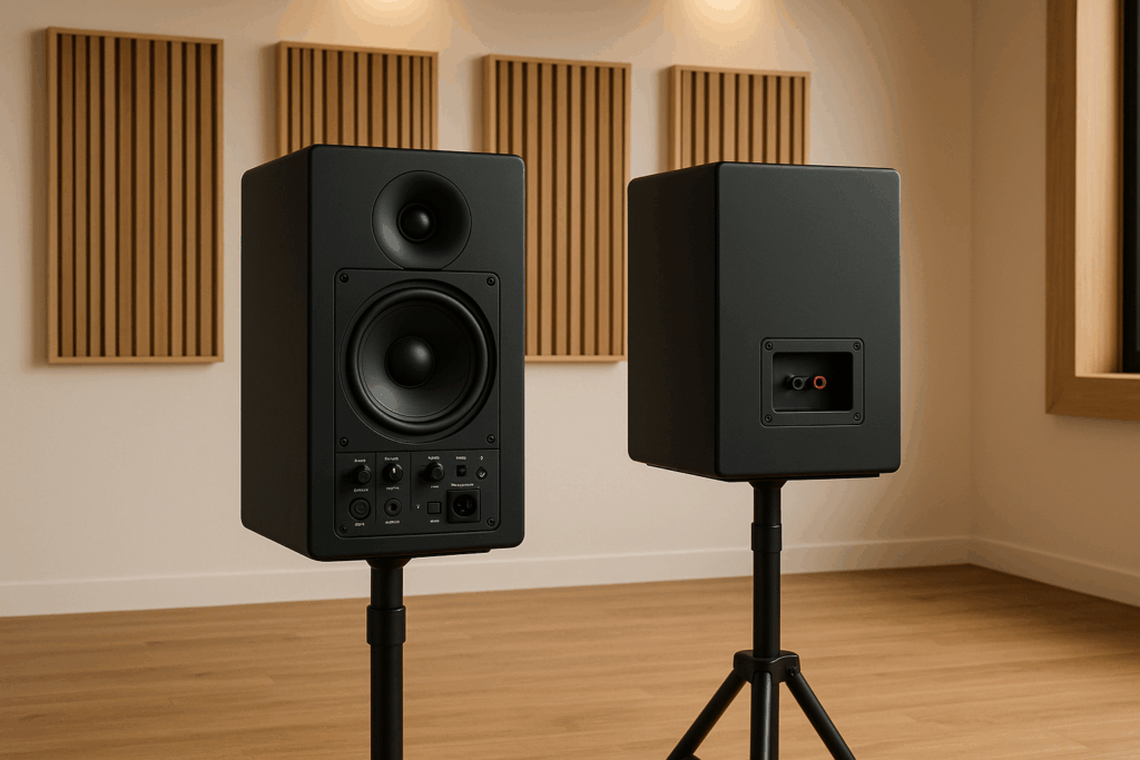 Active and passive speakers side-by-side in an Australian studio setup.