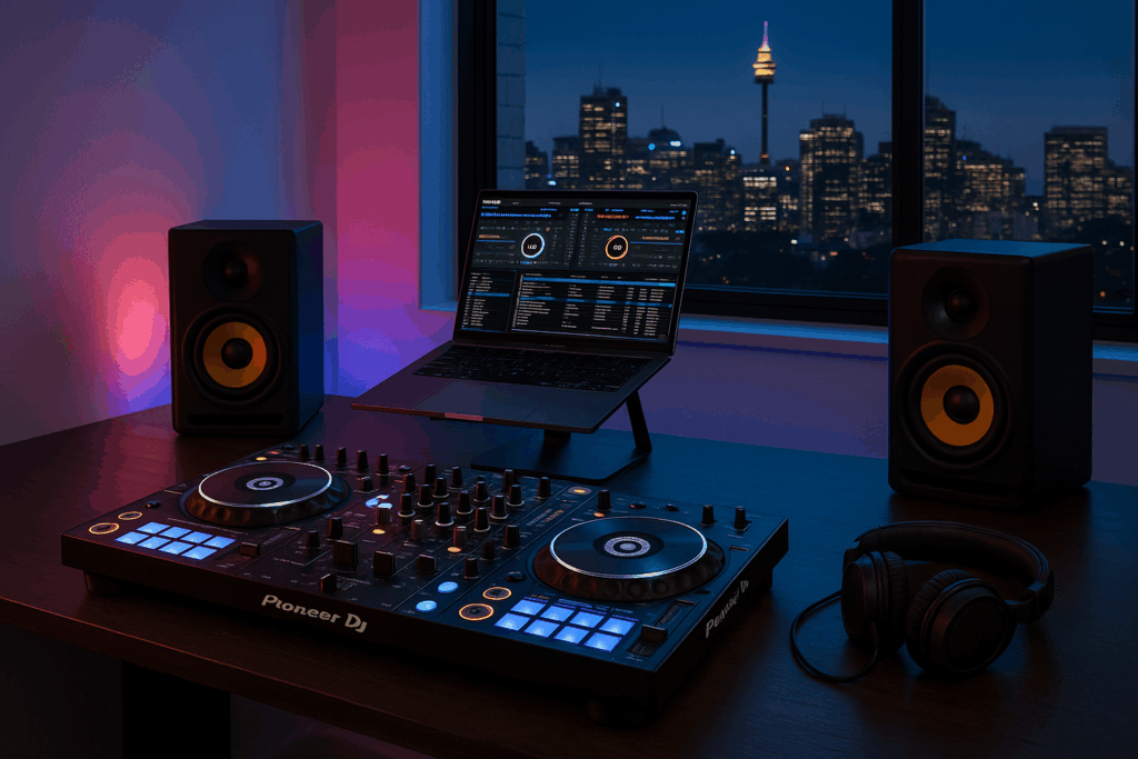 Professional DJ controller setup in Australia with laptop, speakers, and headphones