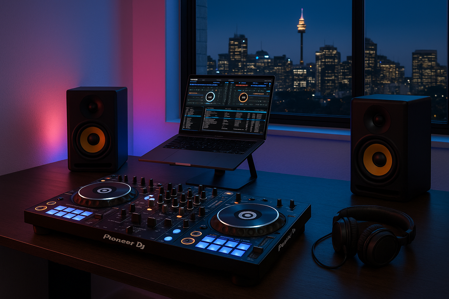 Professional DJ controller setup in Australia with laptop, speakers, and headphones